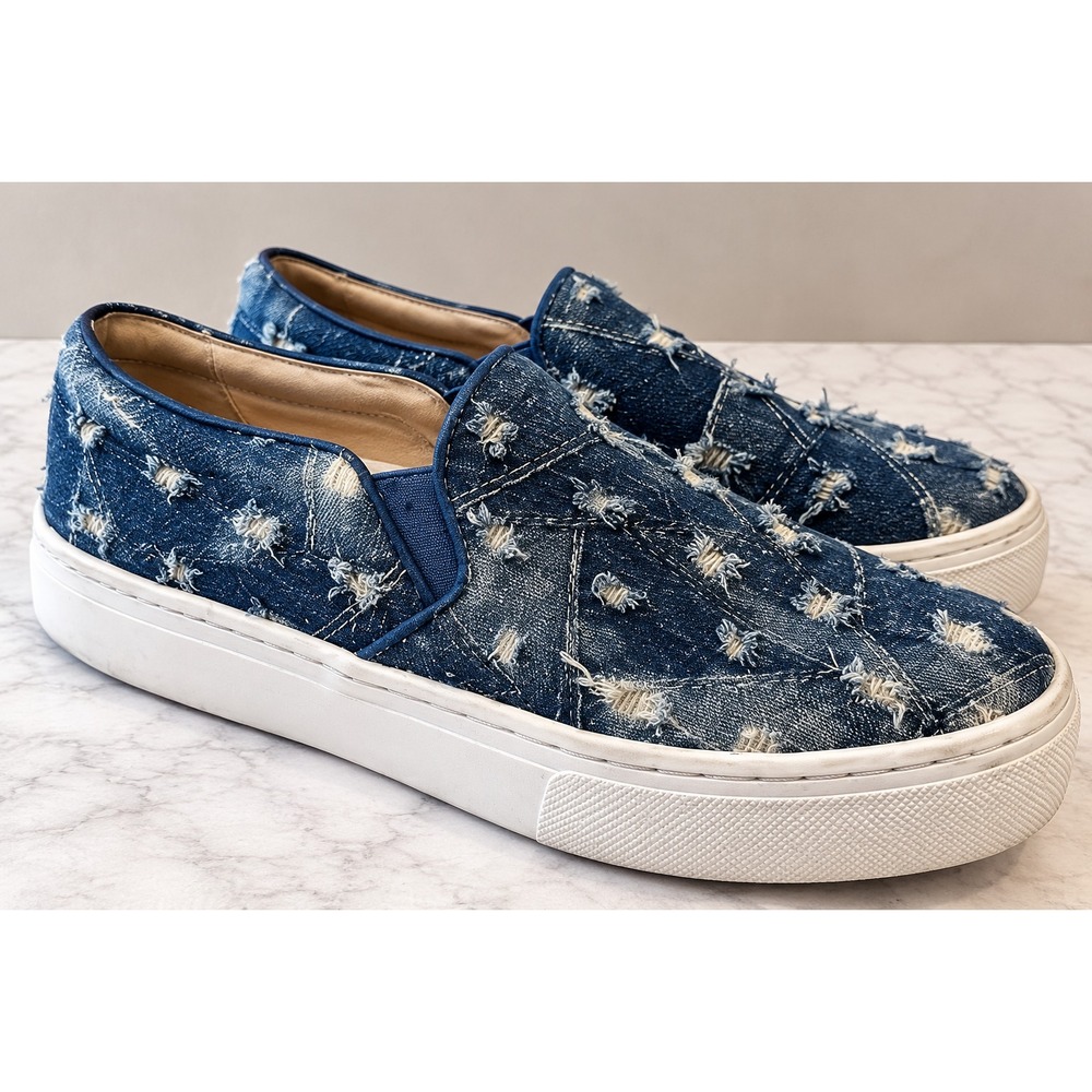 SAM EDELMAN Women's 9.5 Shoes Slip On Flats Fray Distressed Denim 90s Y2K Style